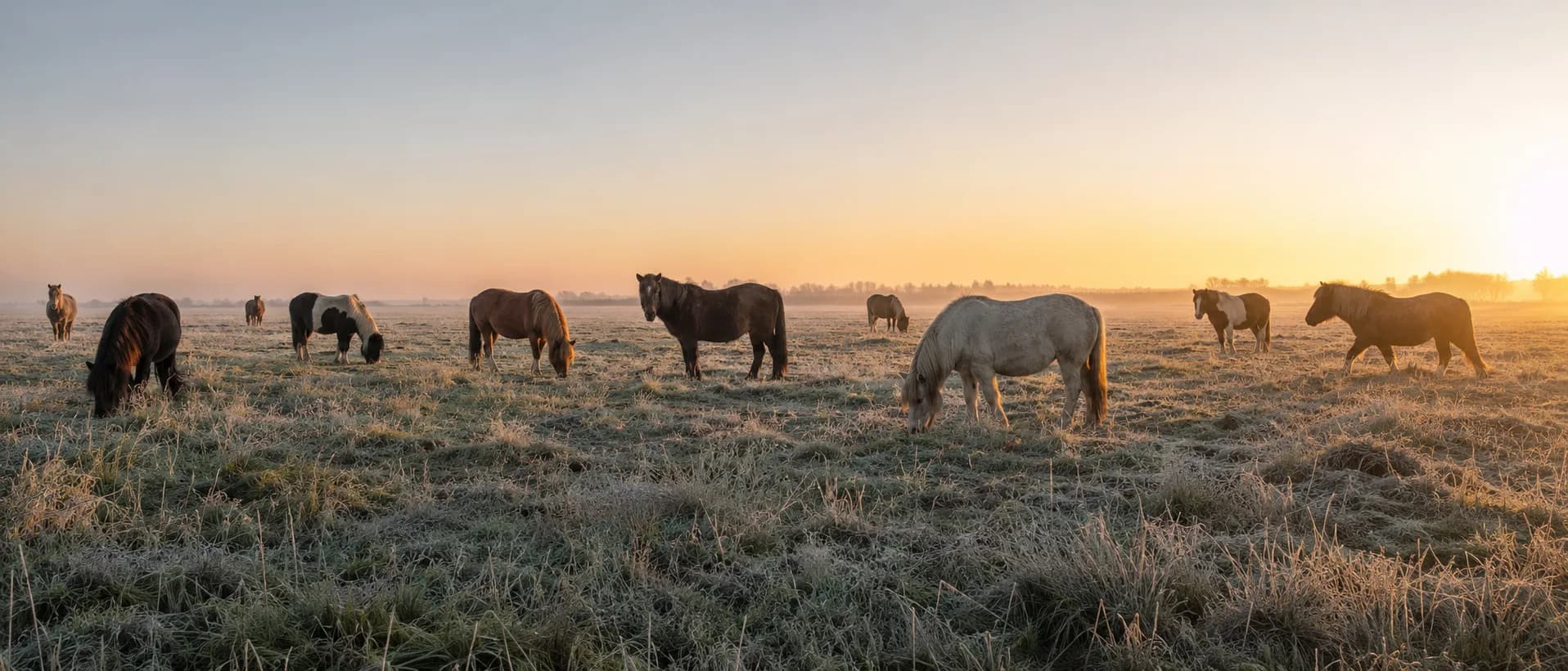 Nine Icelandic horses in the field at golden hour — daily observation