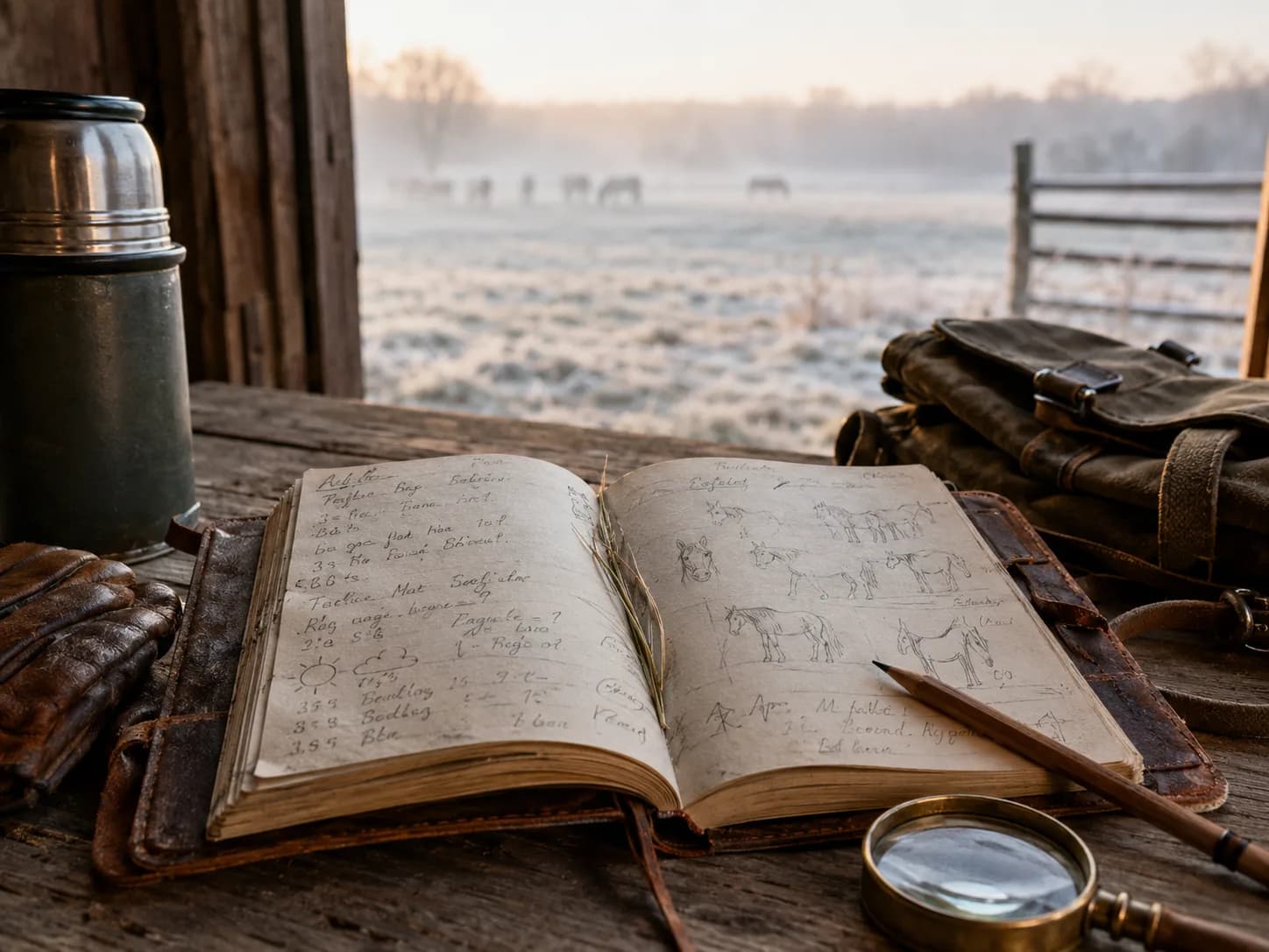 Field observation journal with horse sketches and landscape view