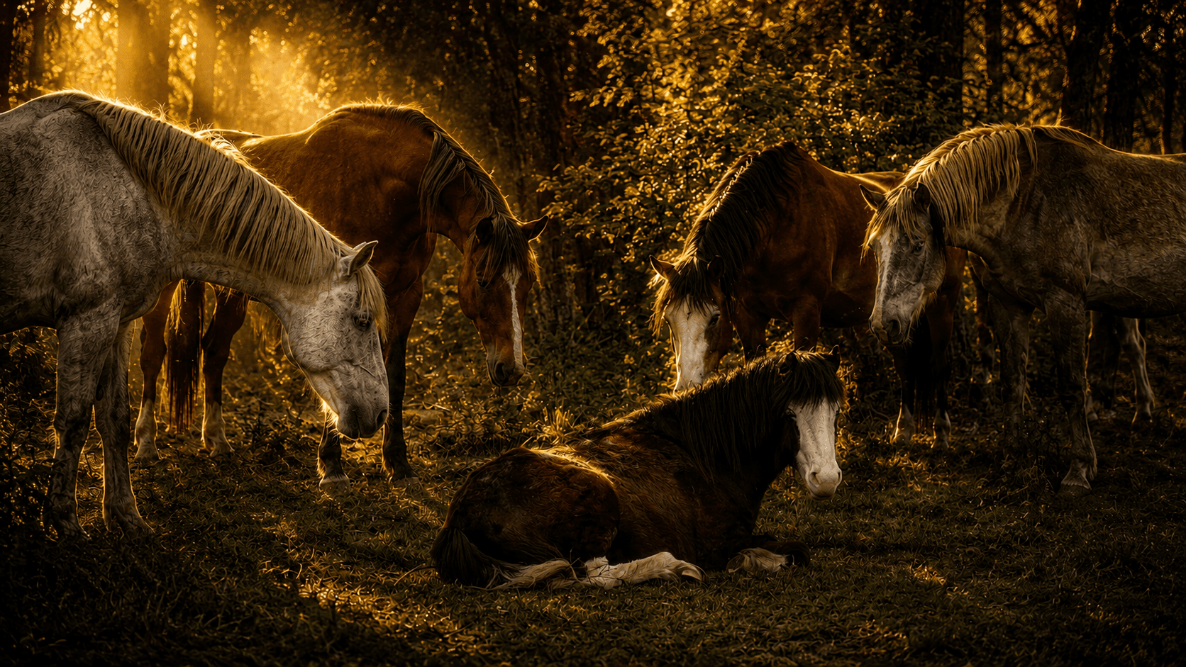 A horse rests on the grass while the rest of the herd gathers around it in a woodland clearing