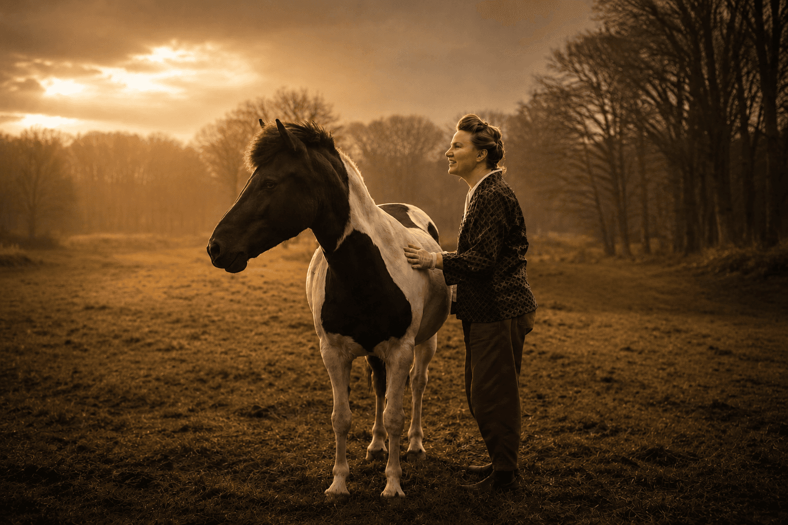 A woman strokes her pinto horse standing calmly in a pasture at sunset