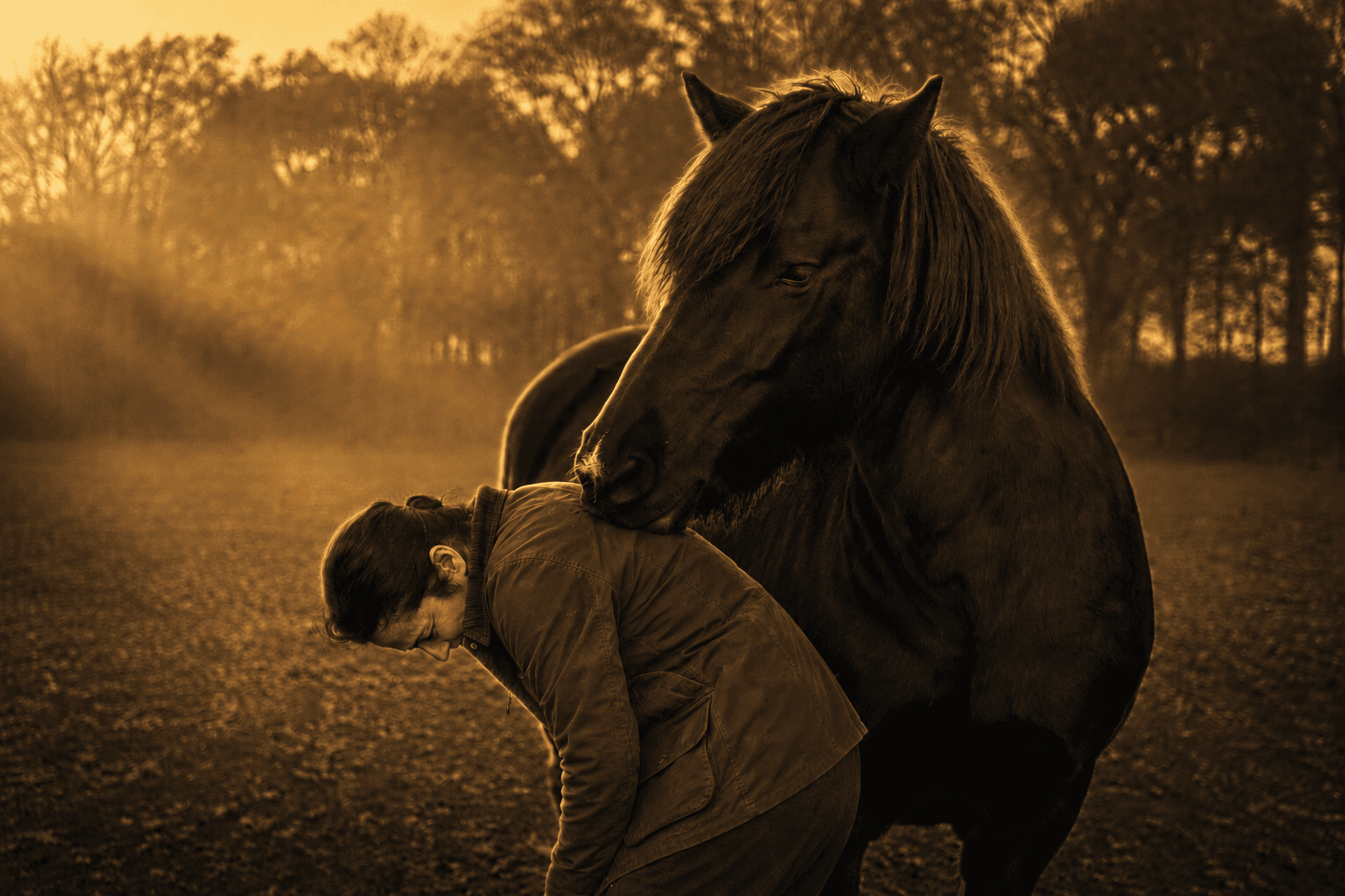 A dark horse gently grooms a person bending forward toward her, backlit by golden evening light