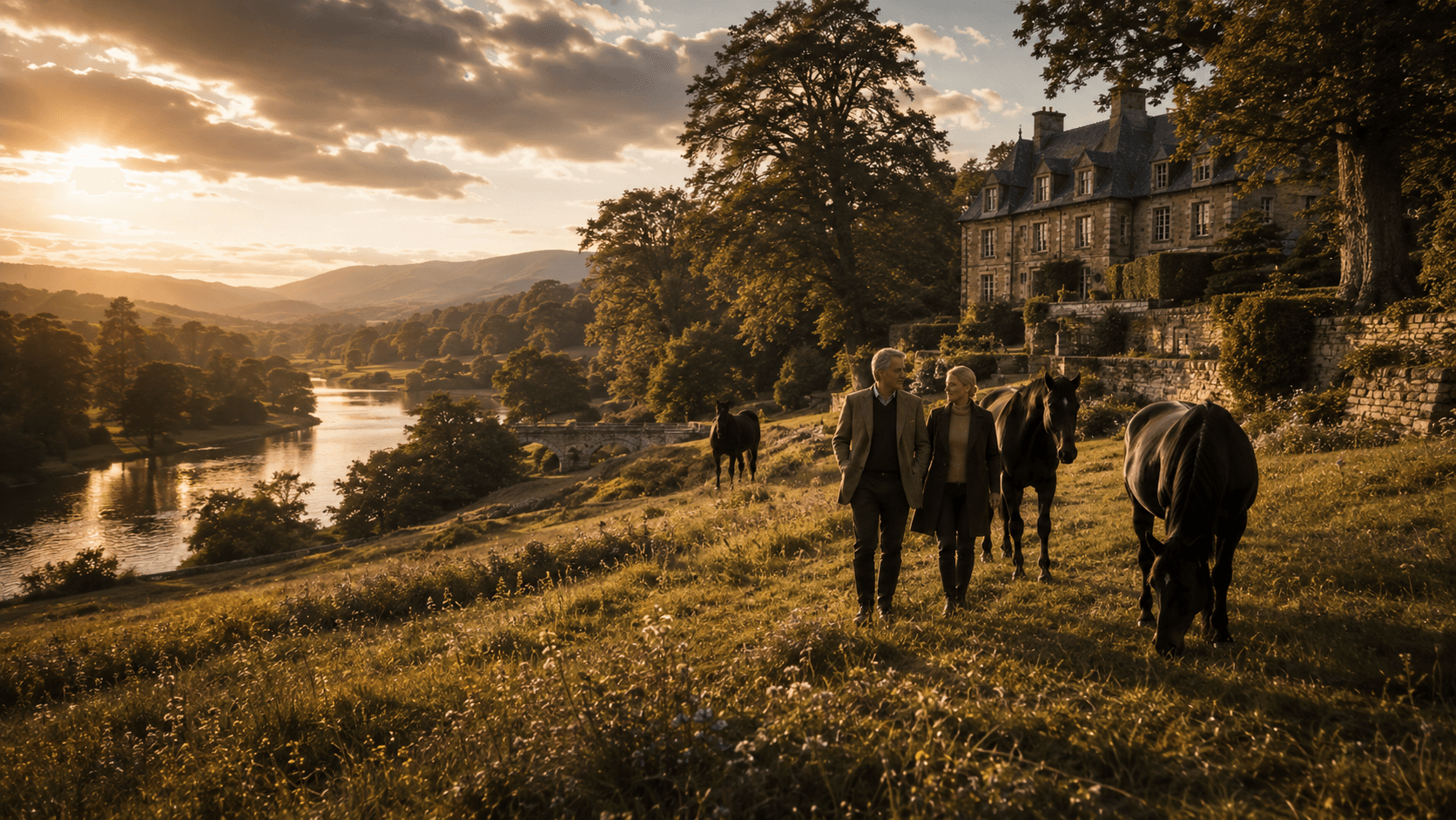 At golden hour, two people walk through a meadow accompanied by dark horses, with a river, wooded valley and a stone manor house behind them.