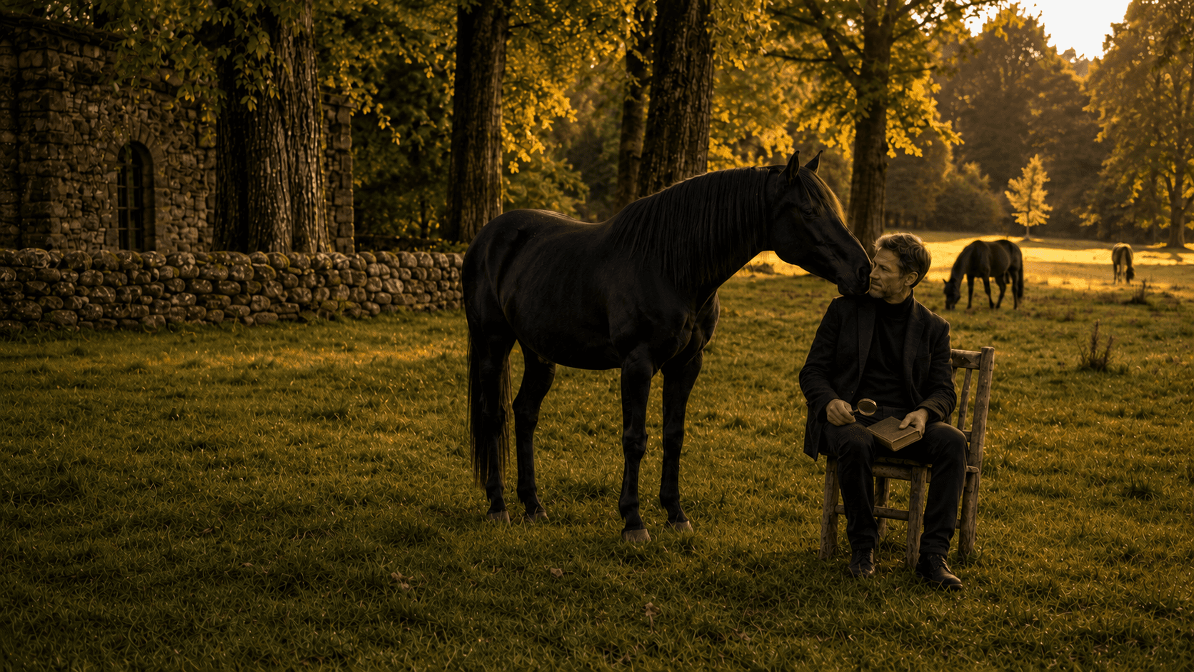 In a grassy field with a stone building to the left, a black horse stands with its head lowered beside a seated man, while two other horses graze behind them.