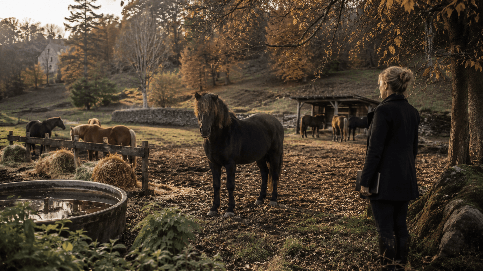 In a pasture in warm afternoon light, a dark horse stands facing the camera while other horses graze near a wooden fence, and a person stands on the right watching them.