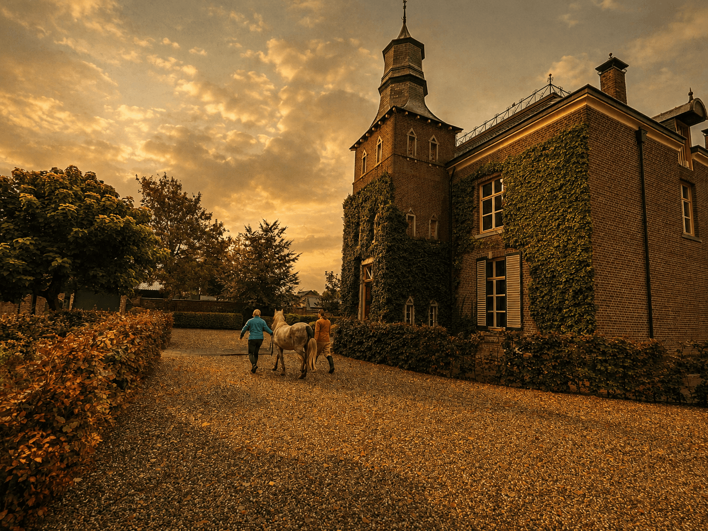 A person walking alongside a horse near an ivy-covered building