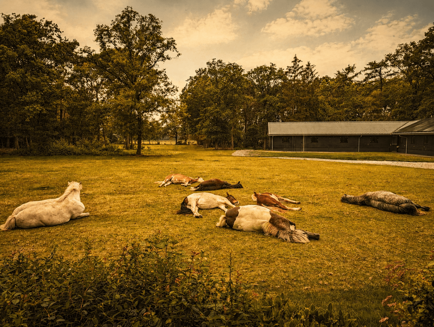 A herd of horses resting on a green summer pasture